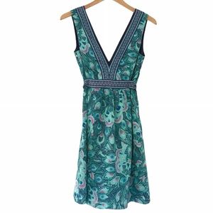 H&M Satin Peacock Print Sleeveless V-Neck Dress | 8